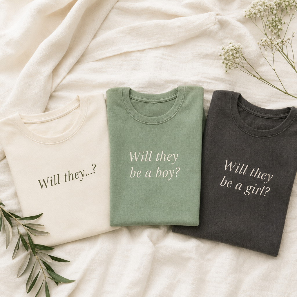 "Will they...?" gender reveal shirts